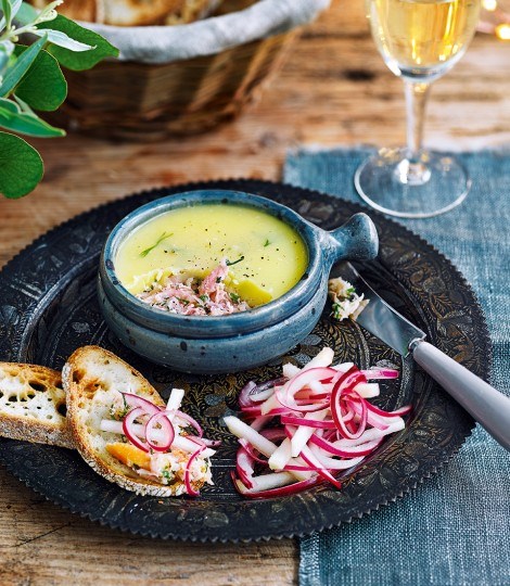 Potted hot-smoked salmon with onion and apple pickle