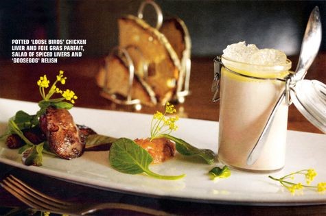 Potted ‘Loose Birds’ chicken liver and foie gras parfait, salad of spiced livers and ‘goosegog’ relish