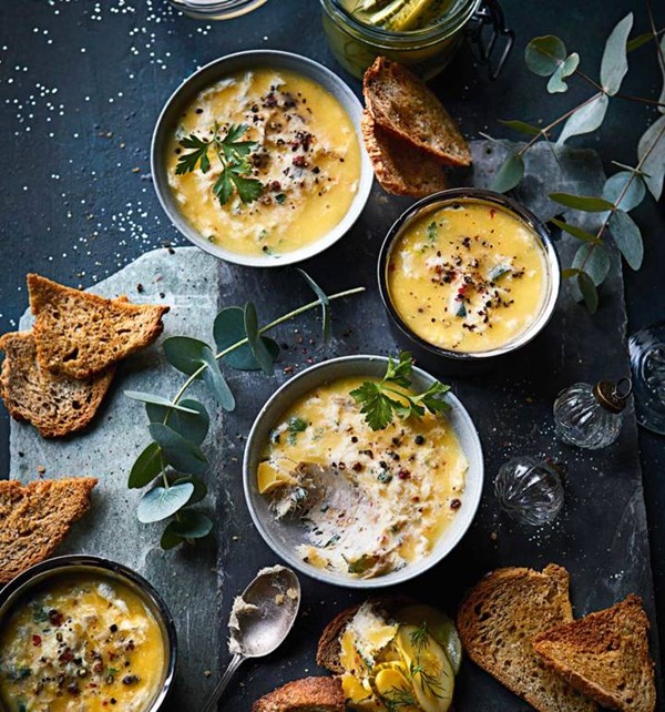 Potted mackerel, pickled cucumber and crispbread