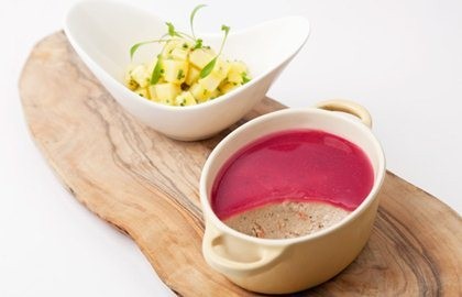 Potted mackerel with cranberry jelly and potato mustard salad