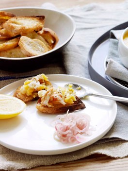 Potted prawns with pickled shallots