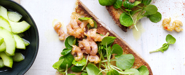 Potted shrimp on toast with pickled cucumber