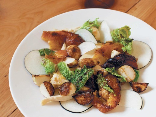Poulet rouge with cabbage, turnip, and black radish from 'Roberta's' (Cook the Book)