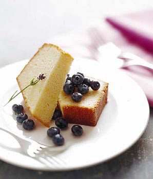 Pound cake with blueberries and lavender syrup