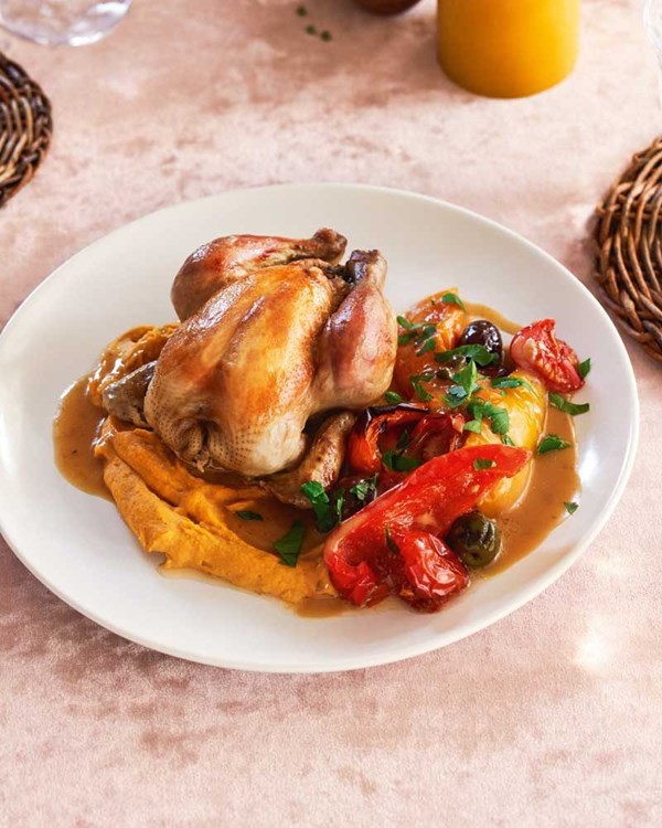 Poussin stuffed with mascarpone with peperonata & orange kumara hummus