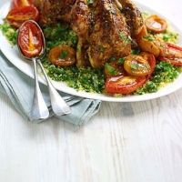 Poussins with apricots, tomatoes and saffron, and pistachio couscous
