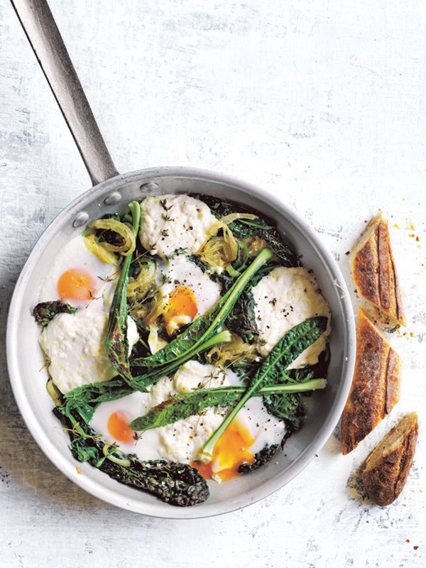 Power greens and ricotta baked eggs