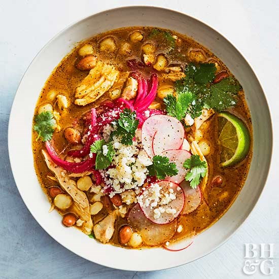 Pozole with pinto beans and queso fresco