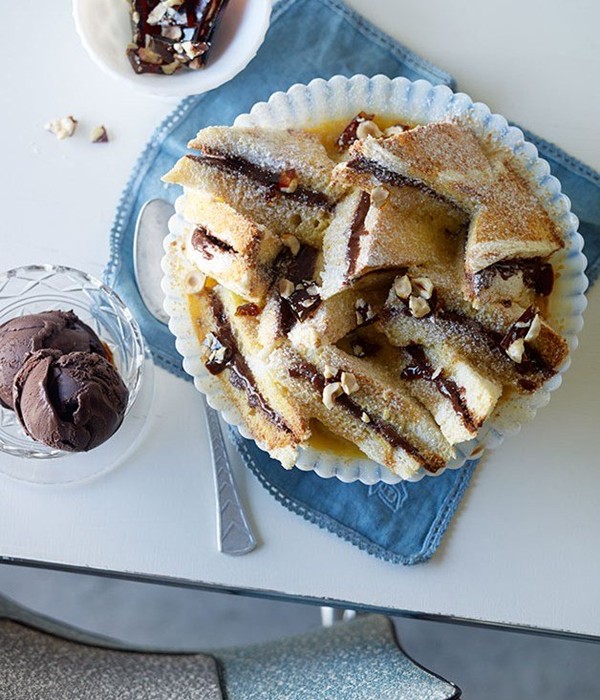 Praline bread pudding with bitter chocolate sorbet