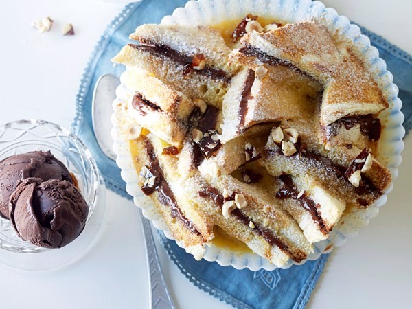Praline bread pudding with bitter chocolate sorbet