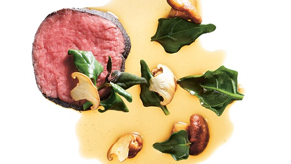 Prather Ranch beef encrusted in lichen, wild spinach, chanterelles, Bordelaise infused with native spices