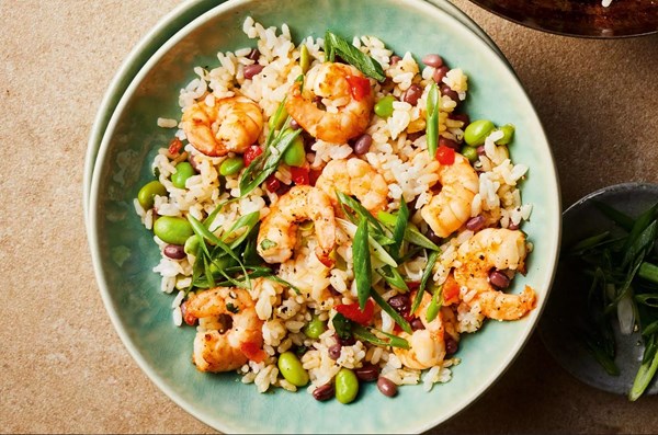 Prawn & edamame rice with salad onion and soy