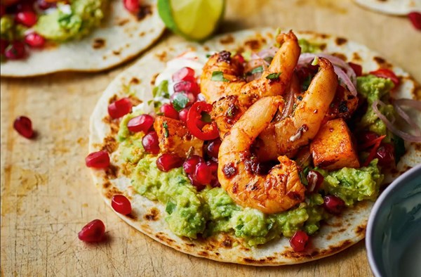Prawn & halloumi tacos with pomegranate and lemon harissa