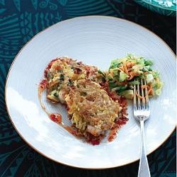 Prawn & kumara cakes with chilli syrup & lettuce salad