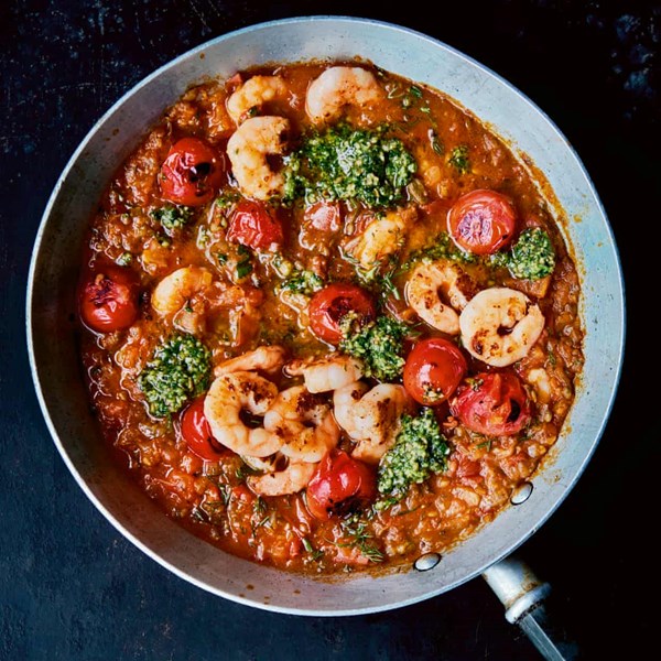 Prawn & tomato stew with coriander pesto