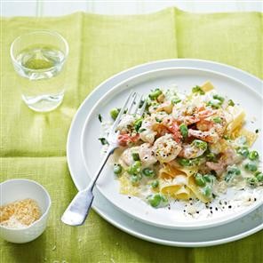 Prawn and broad bean open lasagna