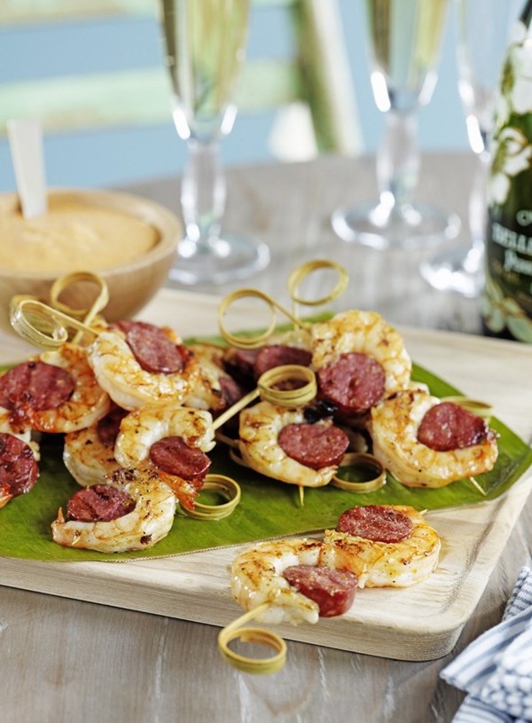 Prawn and chorizo kebabs with smoked paprika and hazelnut aioli