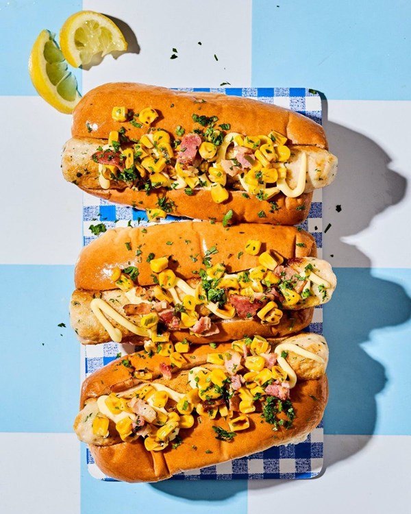 Prawn and crab sea dogs with sweetcorn and bacon salsa