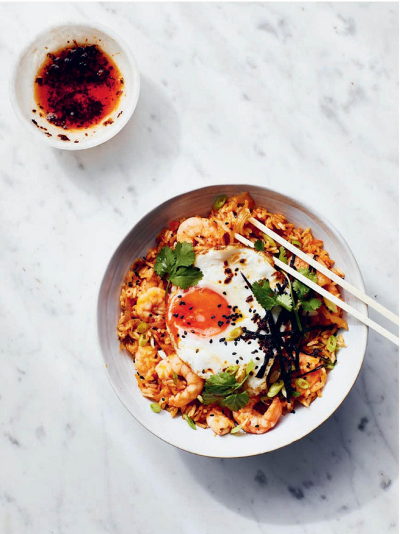 Prawn and kimchi fried rice with crispy eggs