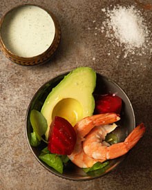 Prawn, avocado and beetroot salad with green goddess dressing