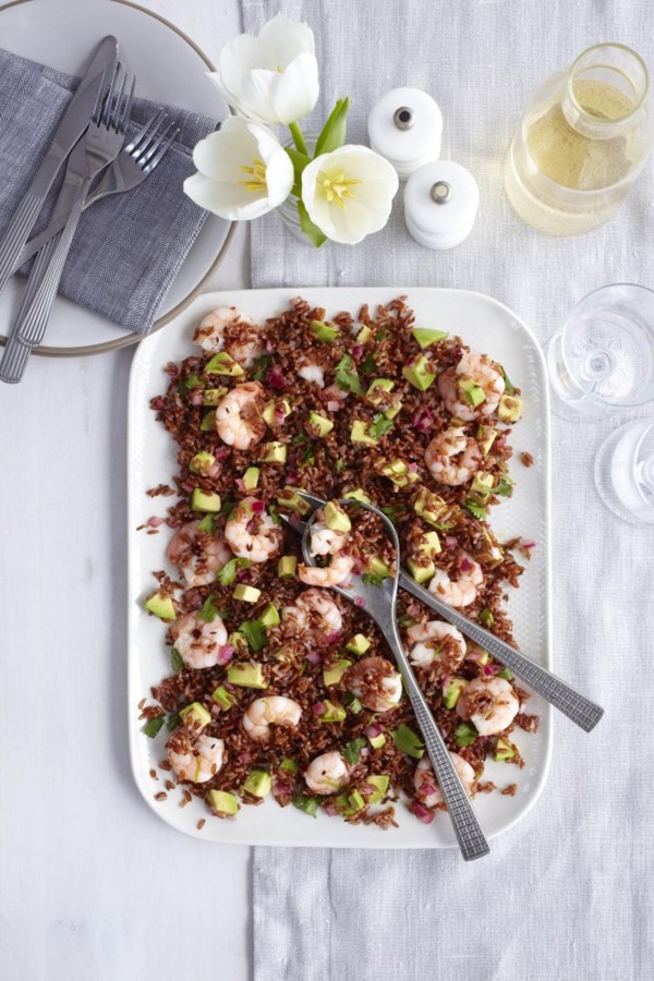 Prawn avocado and red rice salad