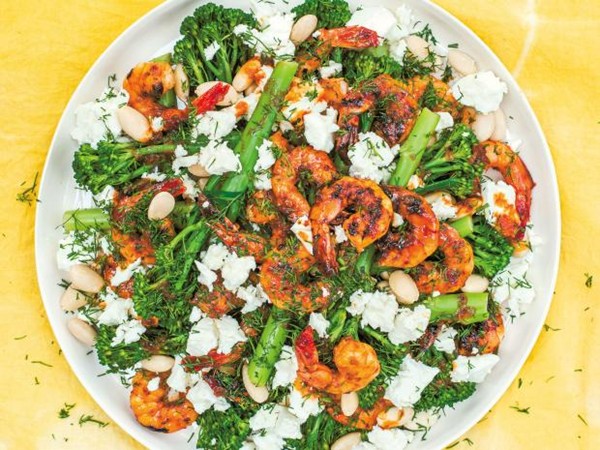 Prawn, broccolini, feta & almond salad