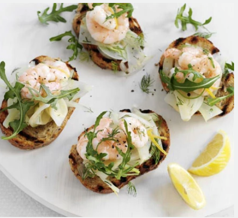 Prawn bruschetta with lemony fennel salad