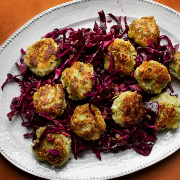 Prawn cakes and red cabbage kimchi