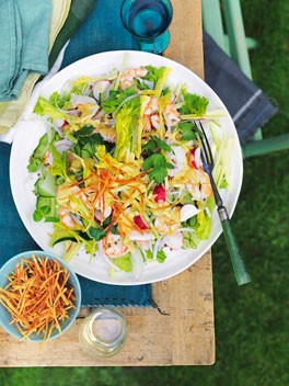 Prawn, celery heart and radish salad with boiled dressing