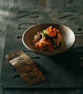 Prawn ceviche with fennel, black fungus, kim chi & tiger's milk