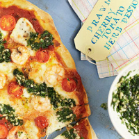 Prawn, cherry tomato and herb pesto pizza