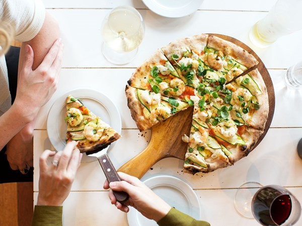 Prawn, chilli & courgette pizza with anchovy dressing