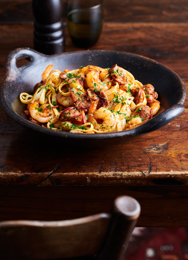 Prawn, chorizo and chilli pasta