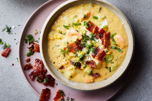 Prawn chowder with crispy bacon