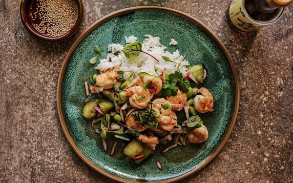 Prawn, cucumber and radish salad with sanbaizu vinegar
