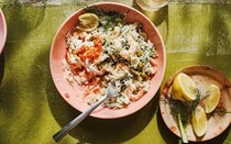 Prawn, fennel and olive pilaf with dill and garlicky tomato yogurt