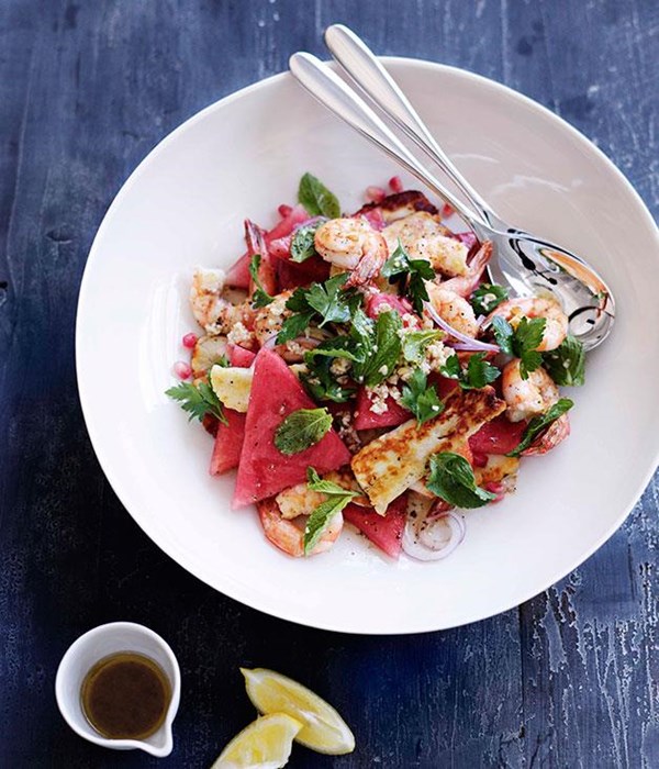 Prawn, haloumi and watermelon salad