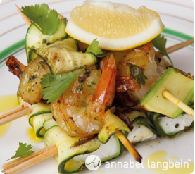Prawn, haloumi and zucchini skewers