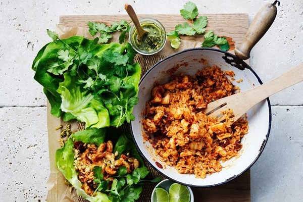 Prawn, kimchi and chilli fried rice san choy bow