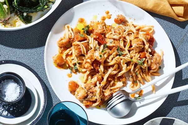 Prawn, lemon thyme and tomato pasta
