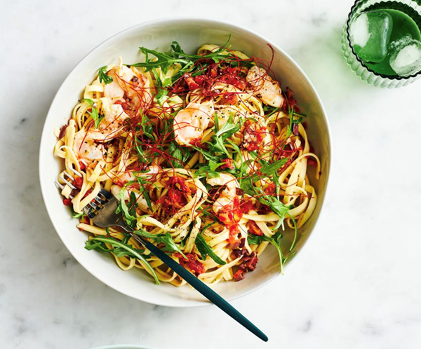 Prawn linguine with semi-dried tomatoes and olives