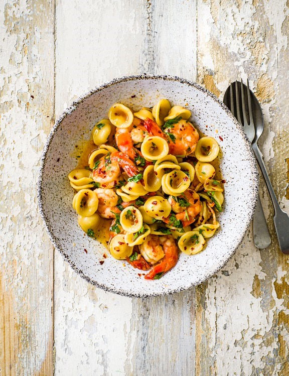 Prawn orecchiette with roasted-shell olive oil