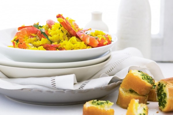 Prawn pilaf with lemon & herb bread
