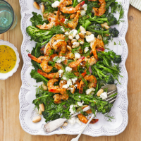 Prawn, purple sprouting broccoli, feta and almond salad