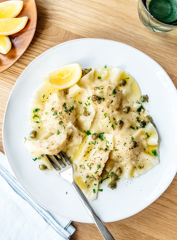 Prawn ravioli with lemon and caper sauce