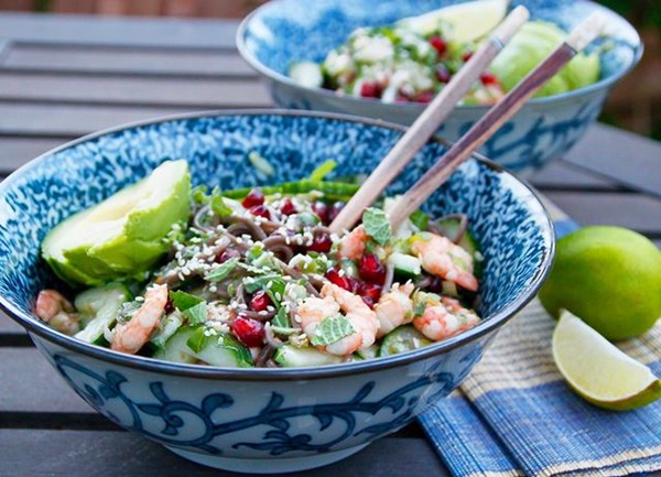 Prawn soba noodle salad with yuzu, avocado and grapefruit mint
