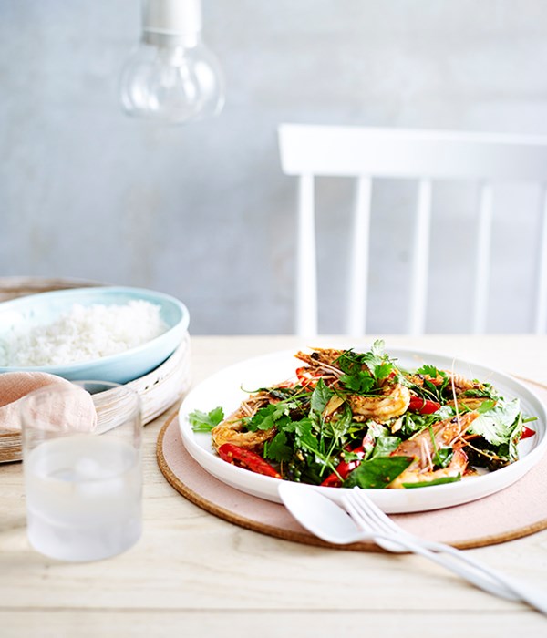 Prawn stir-fry with green peppercorns and krachai