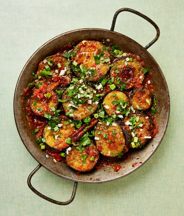 Prawn-stuffed aubergines in tomato sauce