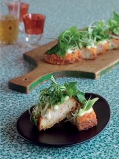 Prawn toast with yuzu mayonnaise, coriander and mint