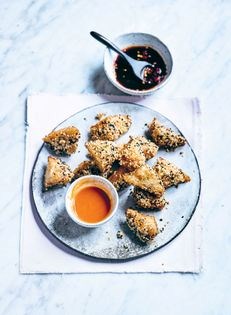 Prawn toasts with water chestnuts and spring onions